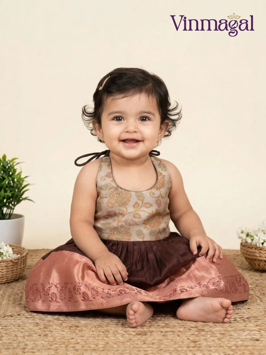grey and brown silk frock for girls suitable for festive and wedding wear