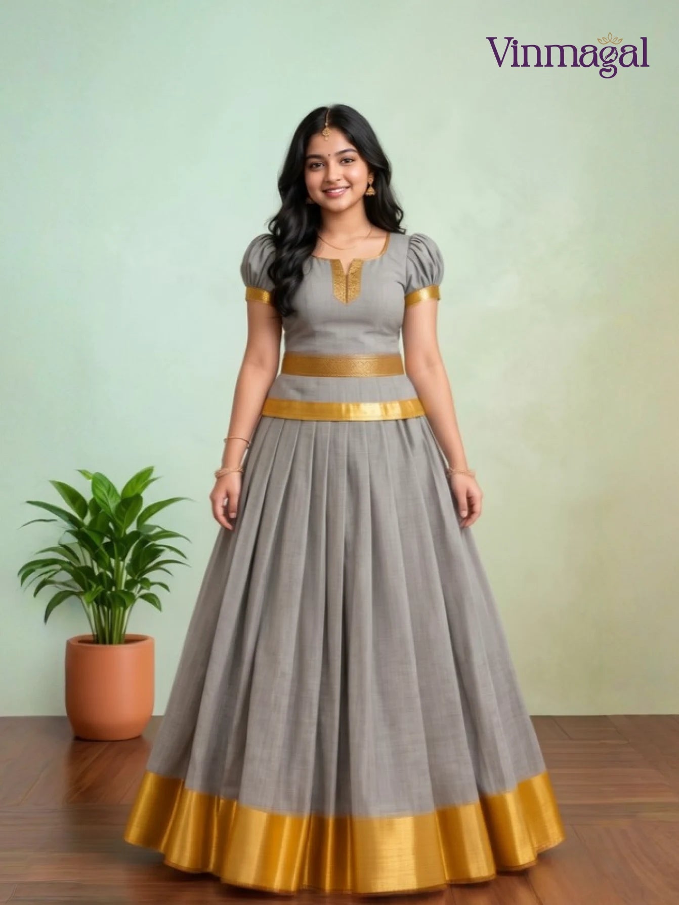 grey and golden coating kerala pattu pavadai for girls in traditional festive style