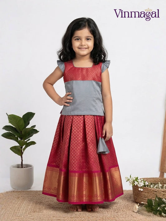 grey and red pure silk pavadai set for girls with zari work skirt