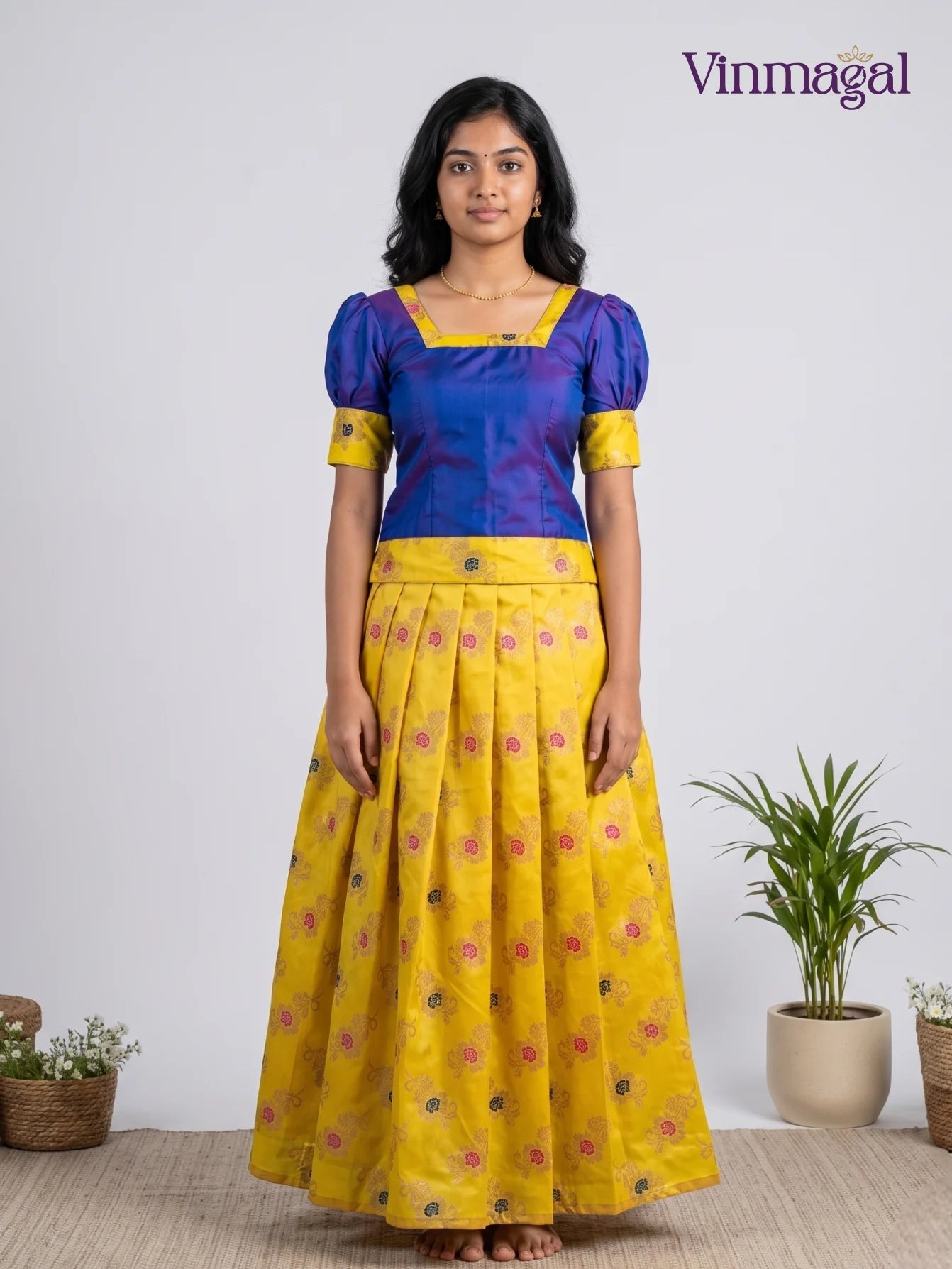 indigo yellow banarasi silk pavadai skirt for girls festive ethnic wear