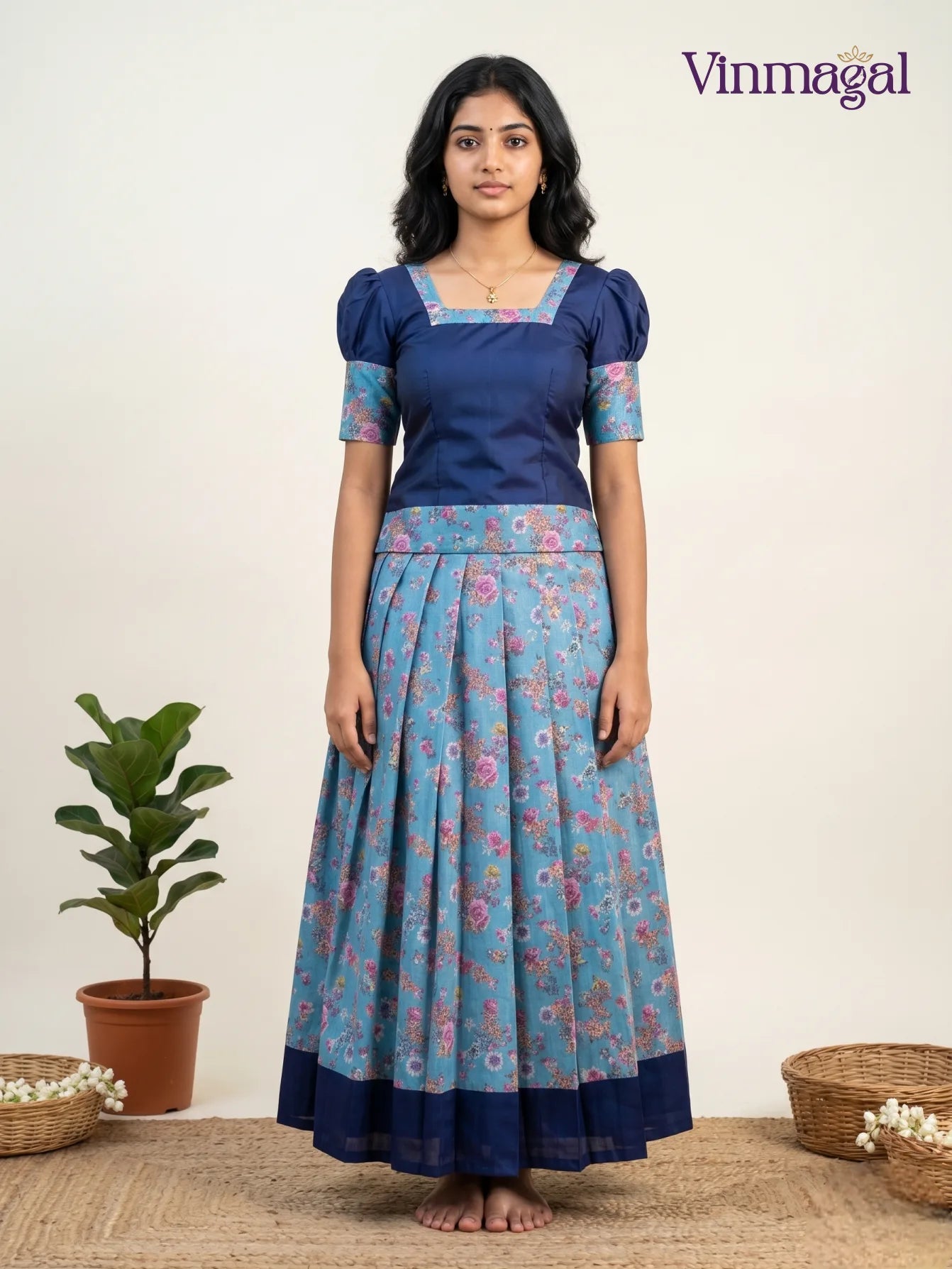 indigo puffed sleeve sattai with floral blue pleated cotton pavadai for girls in traditional style