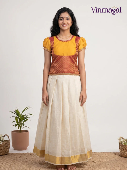 kerala pattu pavadai yellow red butta design for girls traditional wear