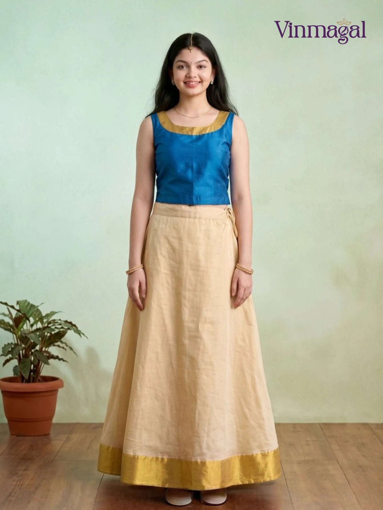 blue and cream white kerala pattu pavadai for girls festive wear