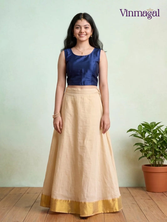 indigo blue and cream white kerala pattu pavadai for girls festive wear