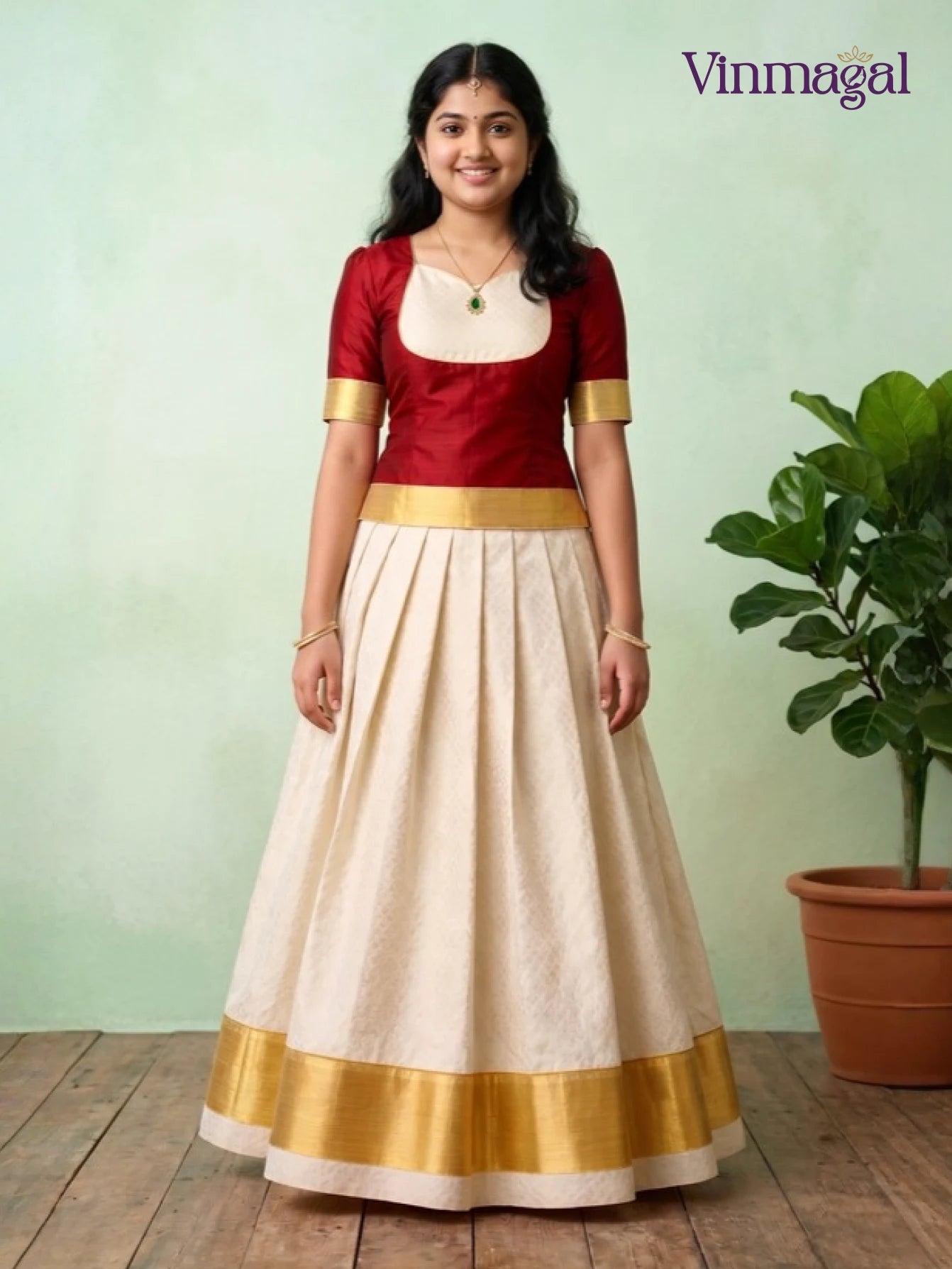 maroon and cream white kerala pattu pavadai set for girls