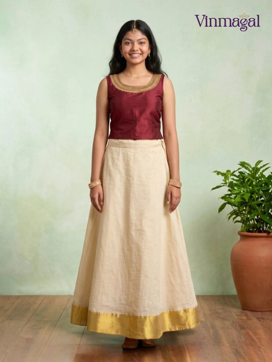 maroon top with cream white kerala pattu pavadai for girls festive wear