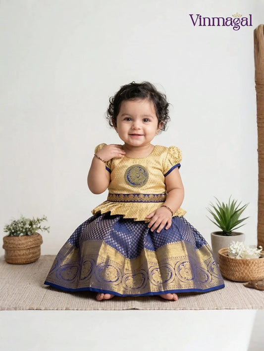 Kids pure silk pavadai set in navy blue and cream with puff sleeve top and zari border skirt