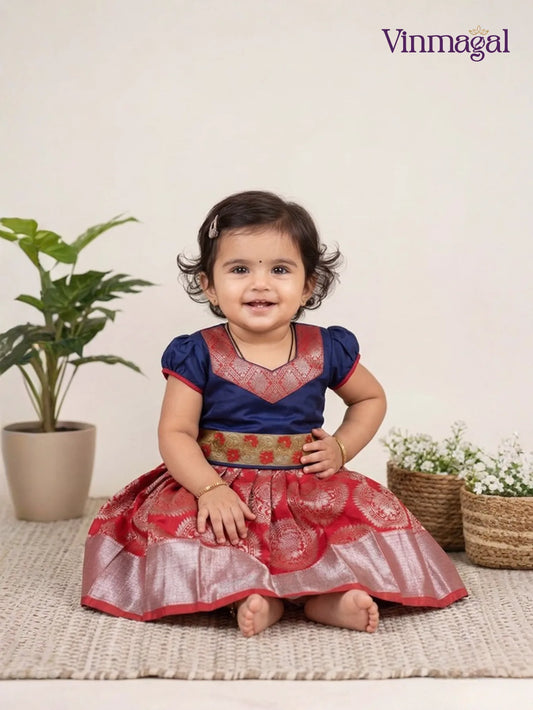 Kids silk pavadai set in red and navy blue with silver zari skirt tassel work and designer blouse