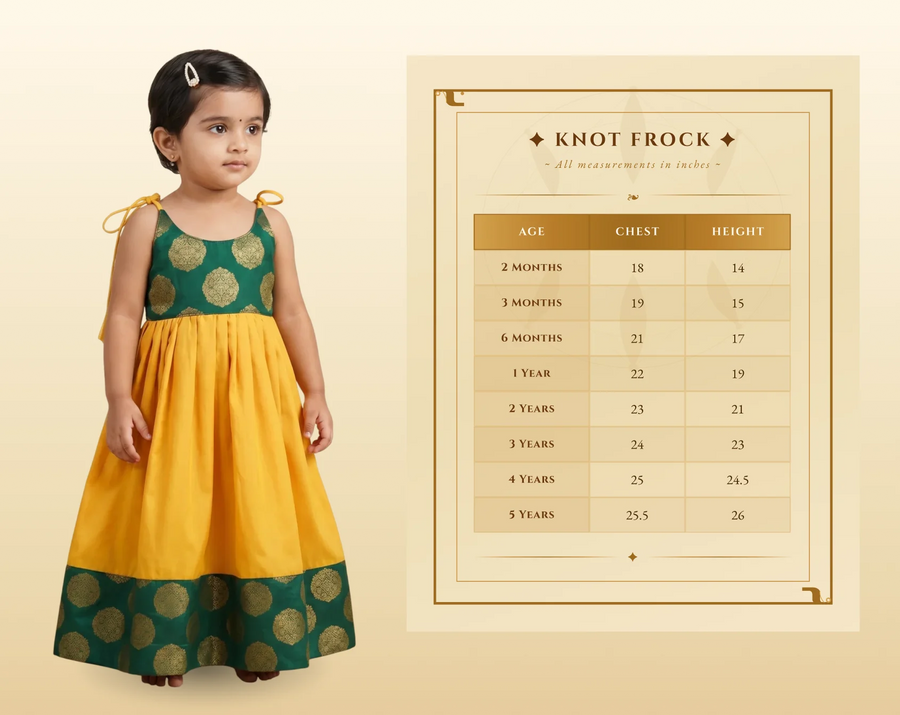 Child wearing a green and yellow dress with a size chart on a beige background