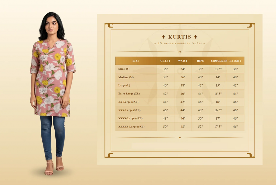 Woman wearing a floral kurti with a size chart on a beige background
