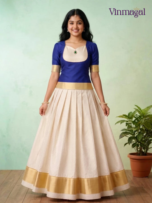 dark blue top with golden white kerala pattu pavadai featuring golden border for girls