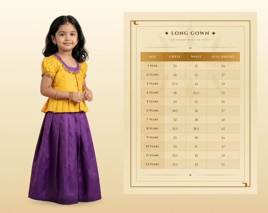 Young girl in a yellow top and purple long gown with a size chart on a beige background