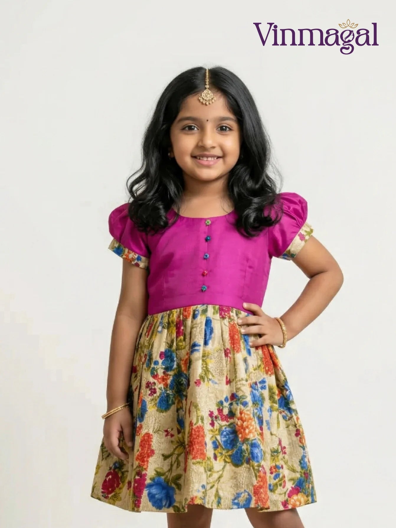 Magenta and off white cotton frock for girls soft casual daily wear kids dress