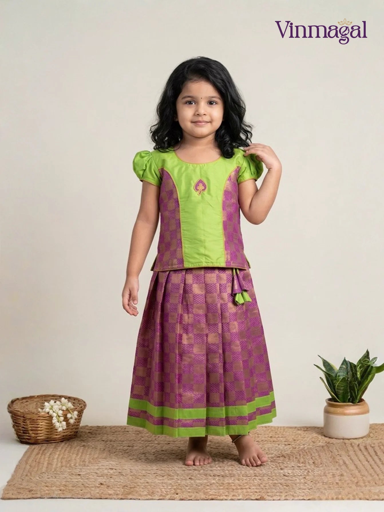 magenta brocade skirt with parrot green top for girls in traditional langa set
