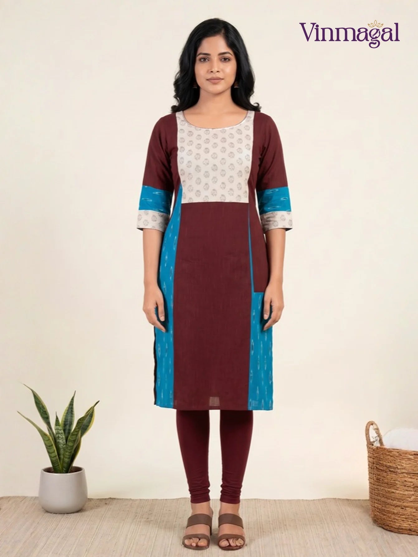 maroon and blue cotton kurti with printed ikkat design and soft cotton lining for women