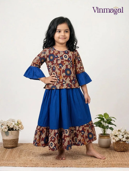 maroon and blue kalamkari pavadai sattai for girls with broad border skirt
