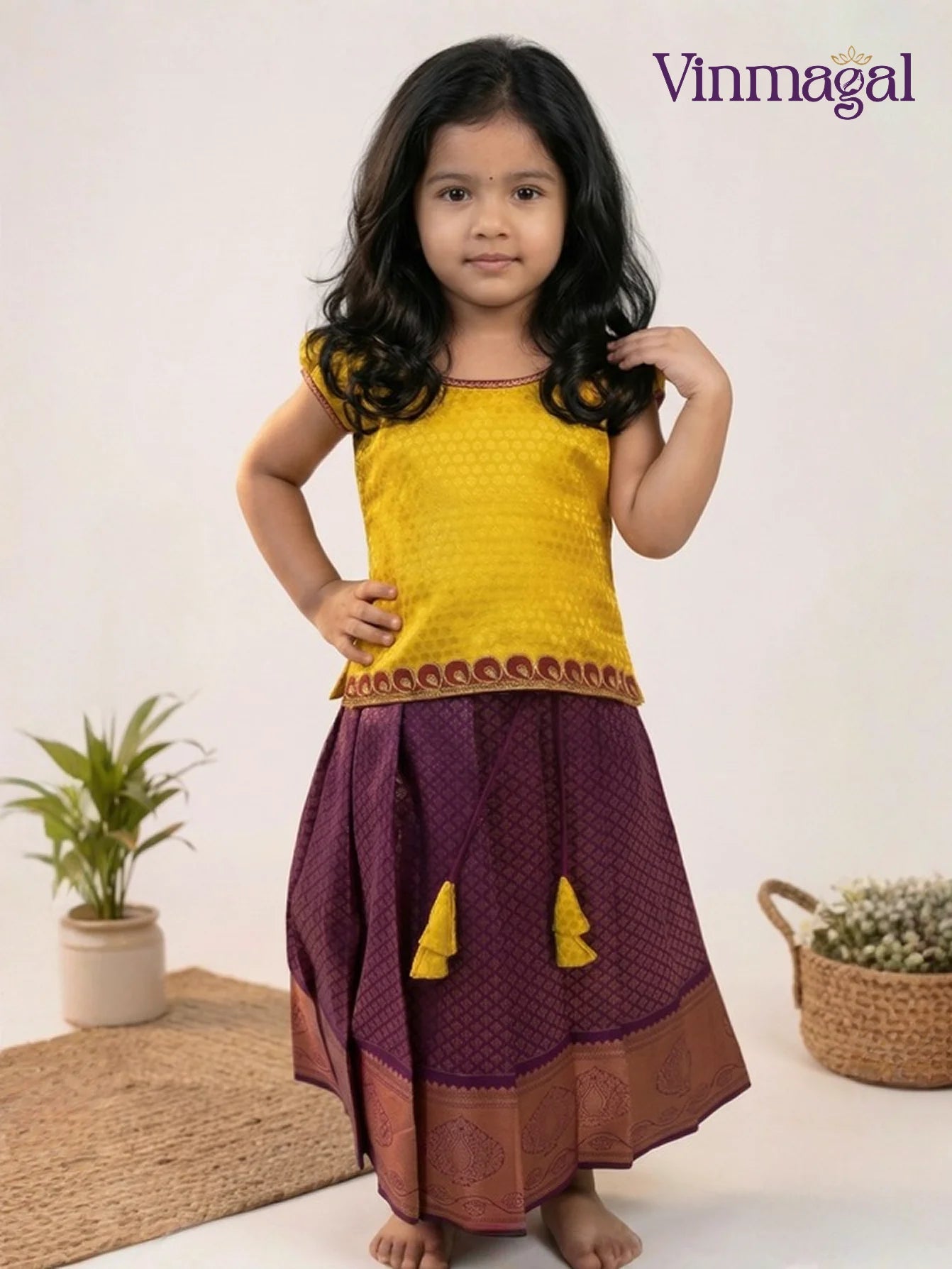 maroon and golden pattu pavadai skirt and blouse set for girls in traditional silk style