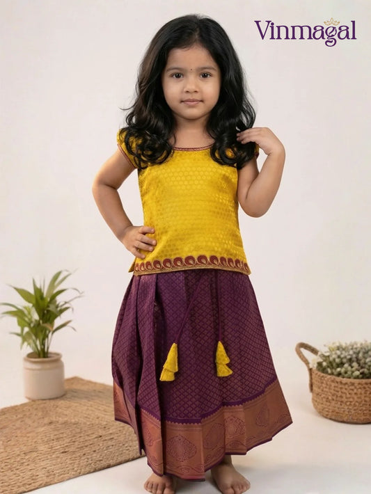 maroon and golden pattu pavadai skirt and blouse set for girls in traditional silk style