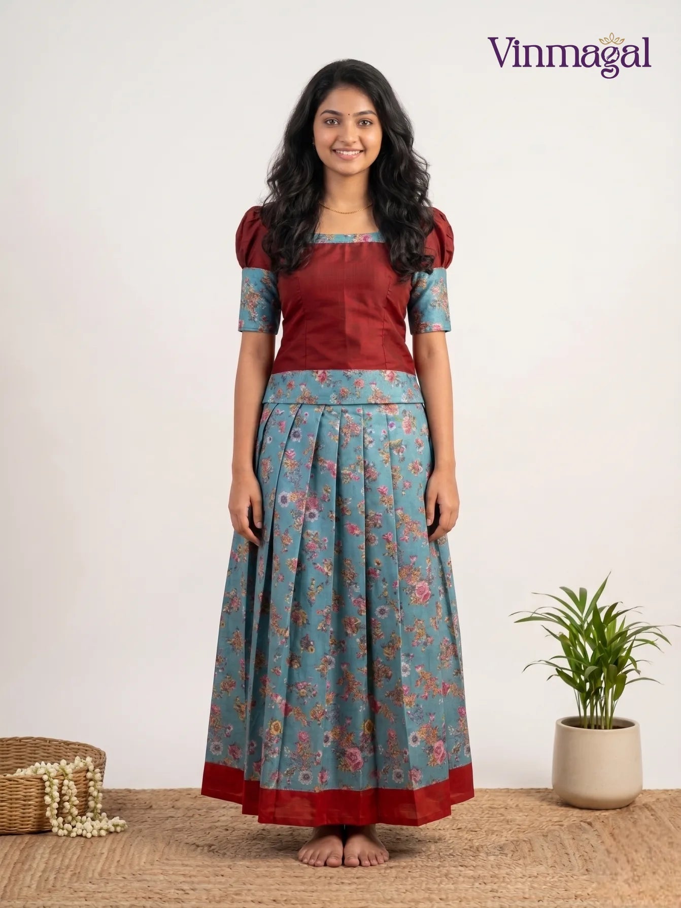 maroon and turquoise floral print cotton pavadai sattai for girls in traditional style