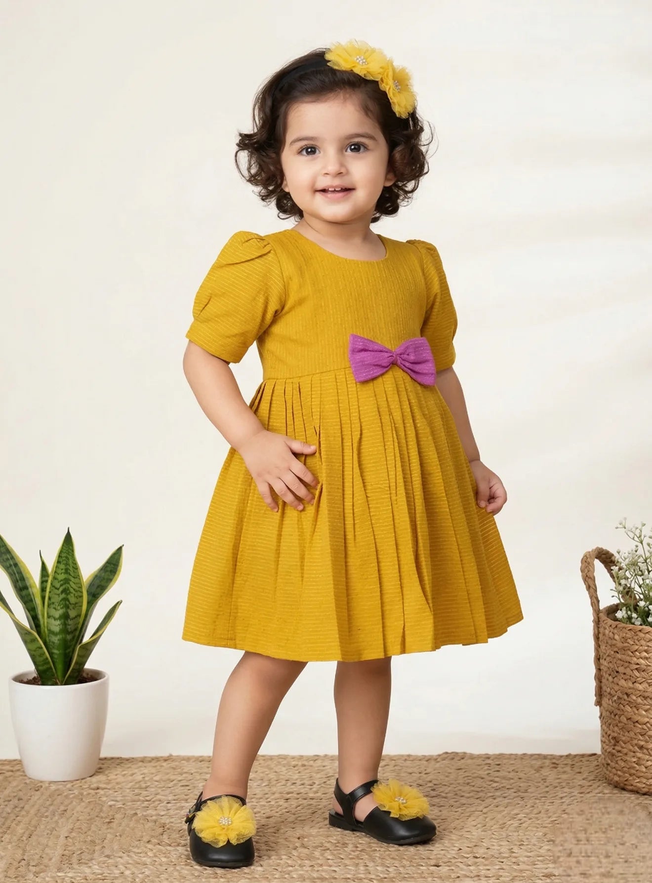 Mustard cotton frock for girls soft comfortable daily festive wear kids dress
