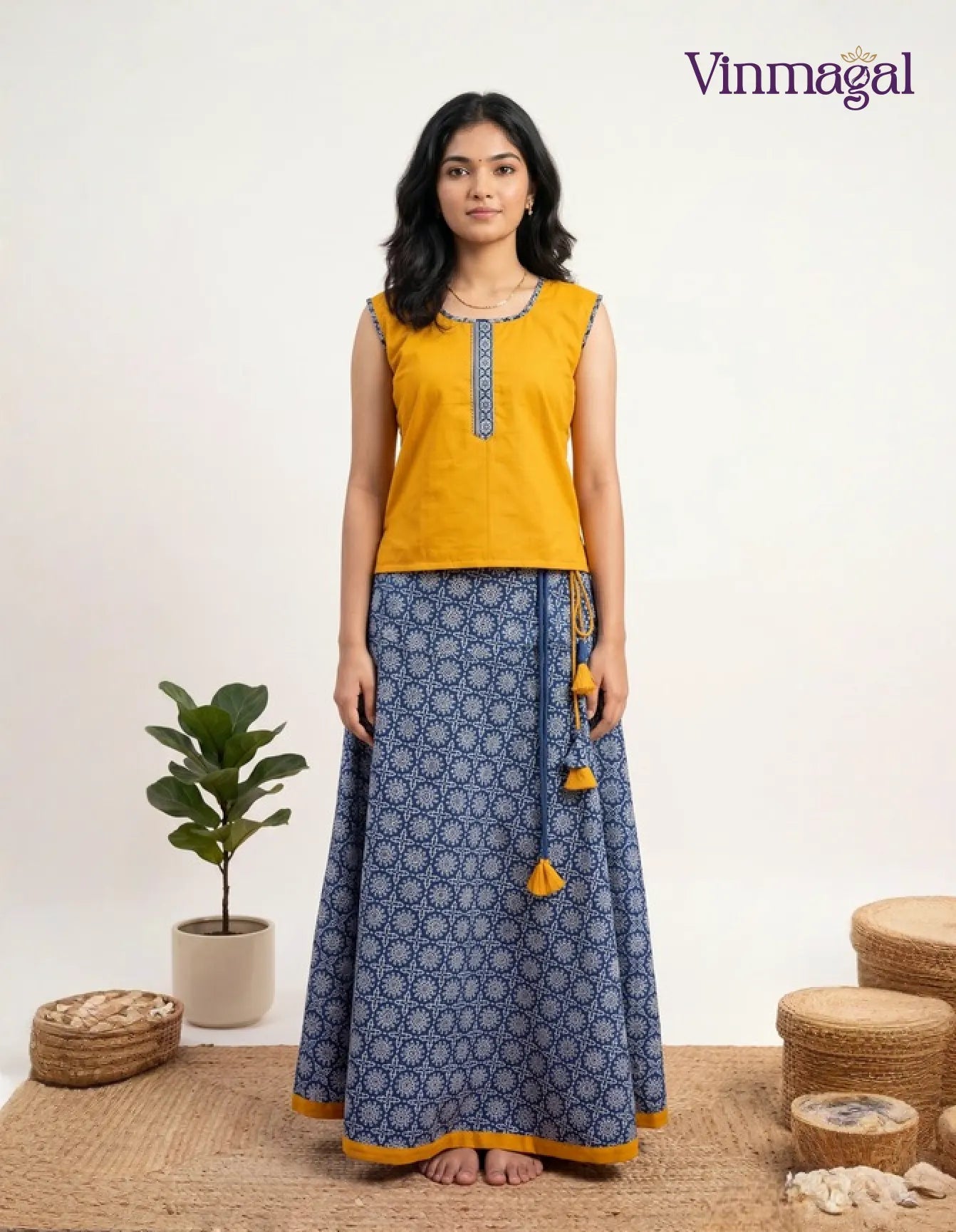 mustard yellow blue cotton pavadai sattai girls traditional dress