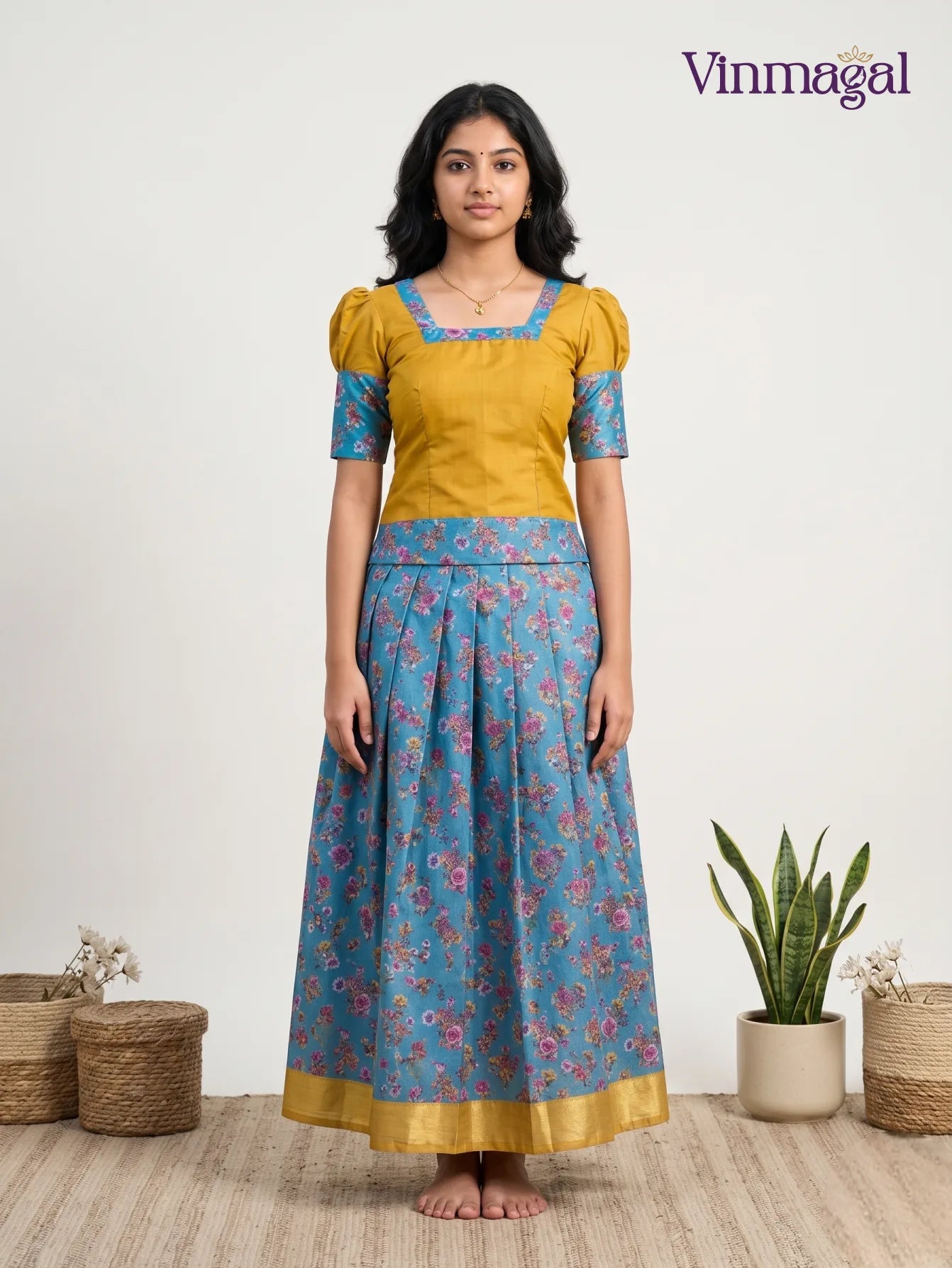 mustard yellow floral blue cotton pavadai sattai girls traditional dress