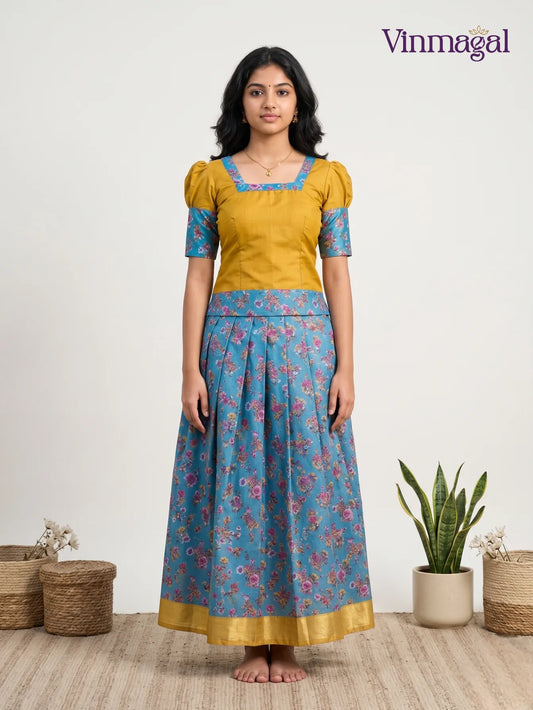 mustard yellow floral blue cotton pavadai sattai girls traditional dress