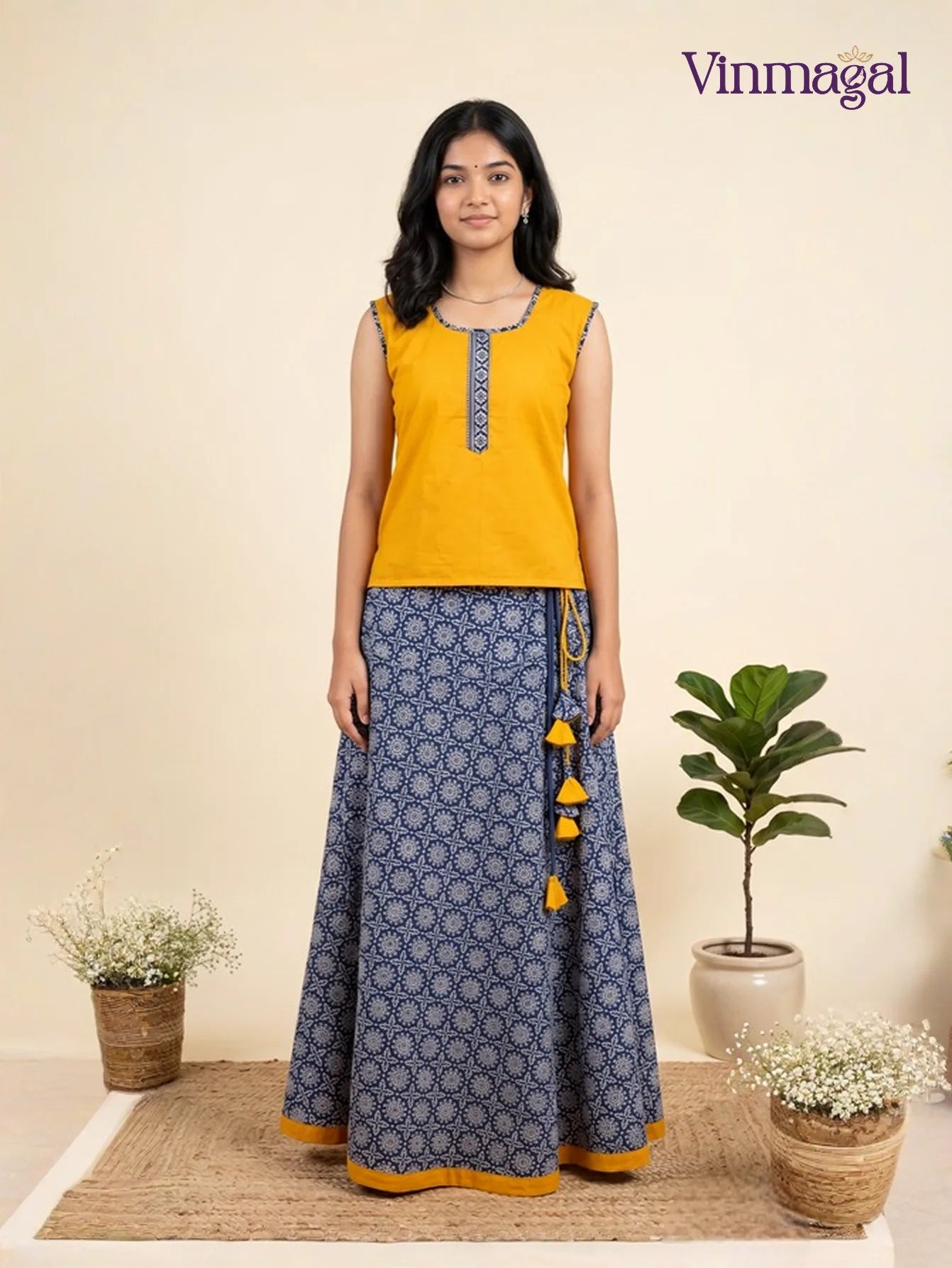 mustard yellow and indigo blue cotton pavadai sattai for girls in traditional ethnic style