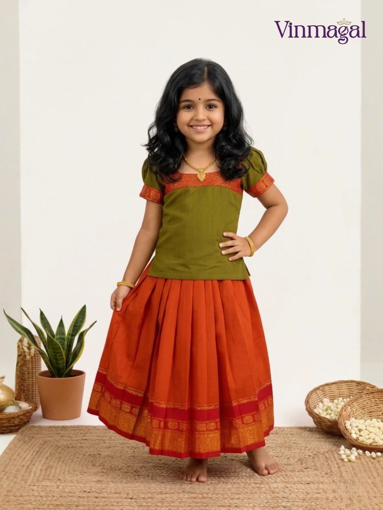 Narayanpet silk pavadai sattai for girls orange and olive green traditional ethnic wear