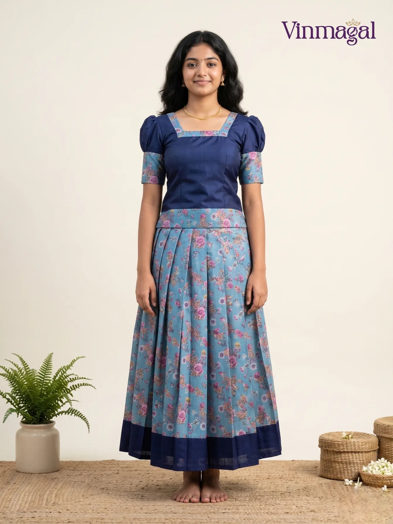 navy blue floral semi silk pattu pavadai girls traditional dress