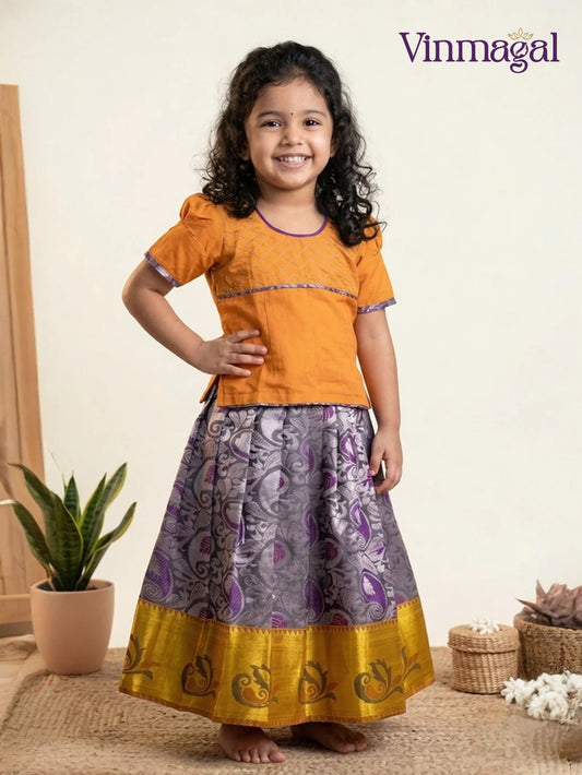navy blue and golden soft silk pavadai set for kids with traditional skirt design