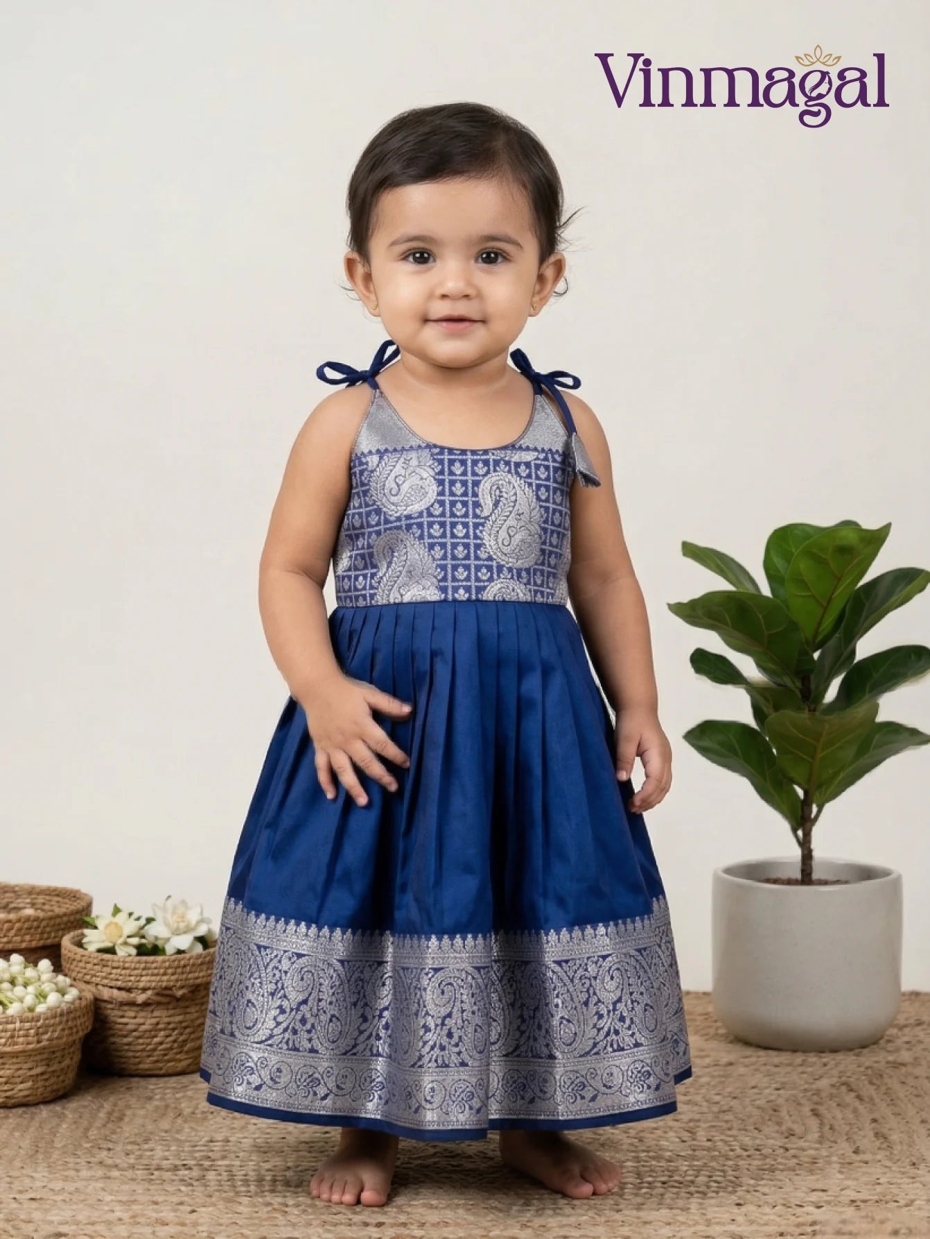 navy blue and silver silk frock for kids designed for party wear