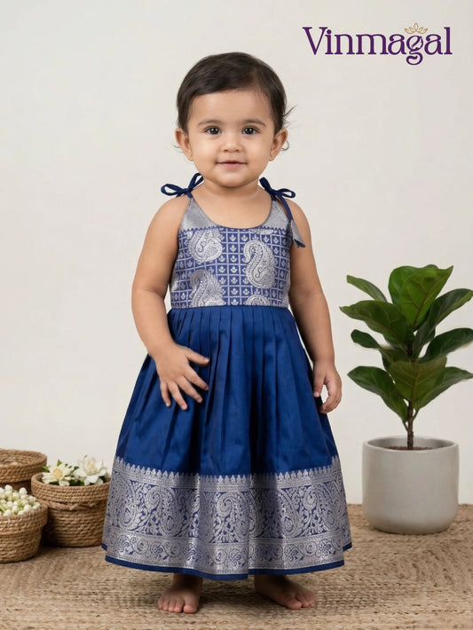 navy blue and silver silk frock for kids designed for party wear