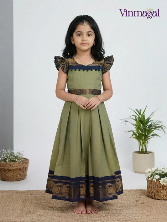 olive green chettinad cotton long gown for girls in traditional south indian style
