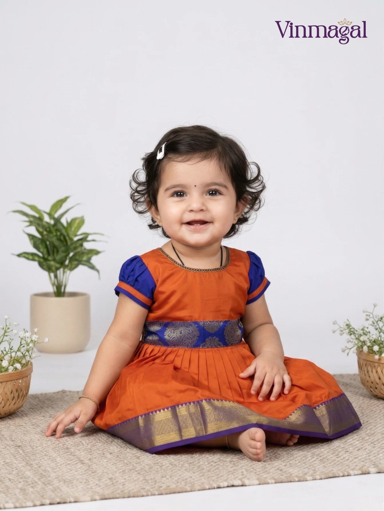 Orange and navy blue pure silk frock for girls stylish kids celebration dress