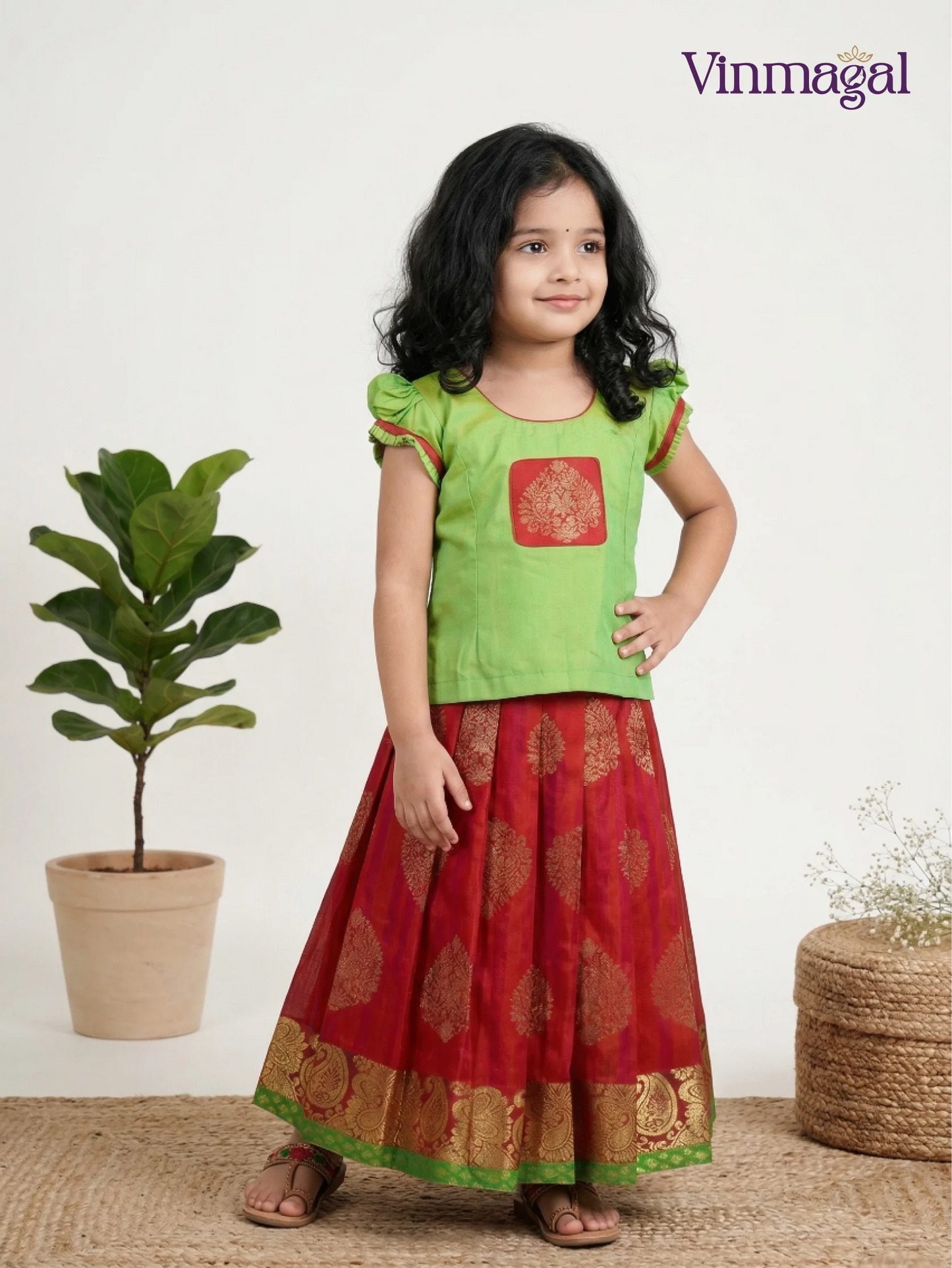 Orange and parrot green silk cotton pavadai set for girls lightweight festive skirt outfit