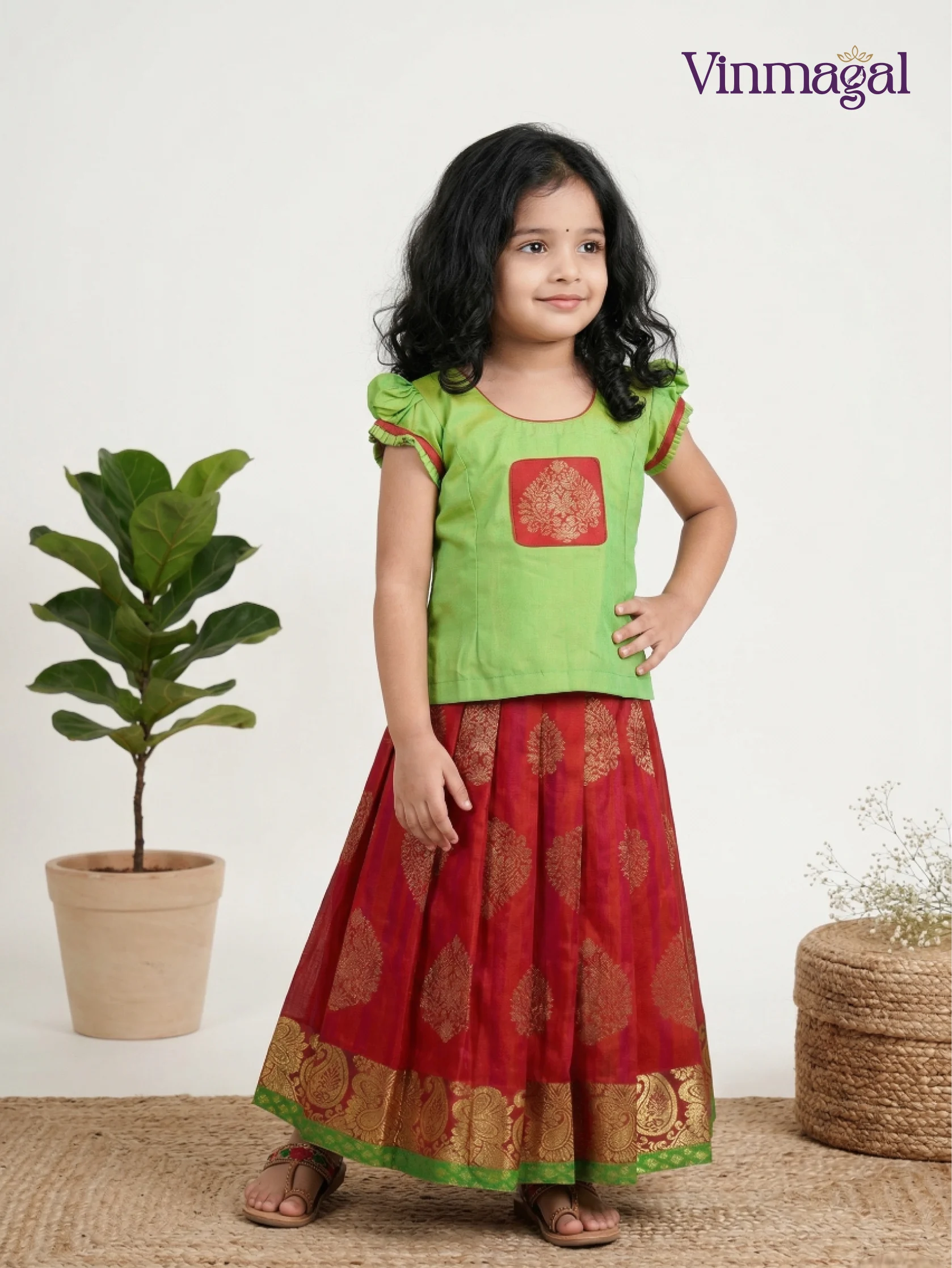 Orange and parrot green silk cotton pavadai set for girls lightweight festive skirt outfit