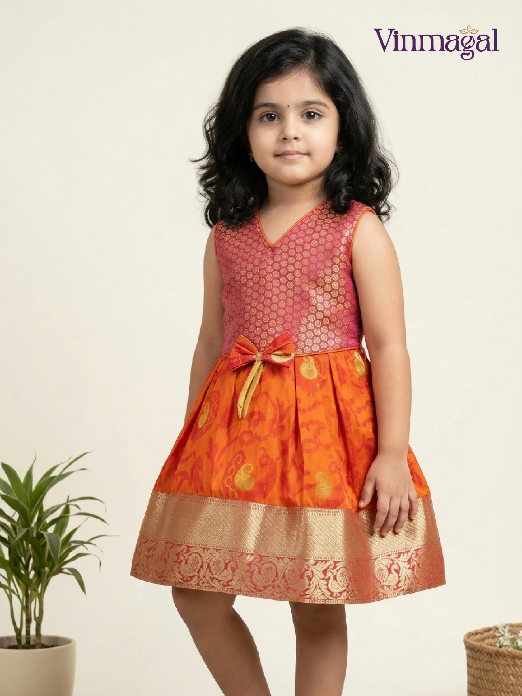 Orange and pink pure silk frock for girls premium kids occasion wear dress