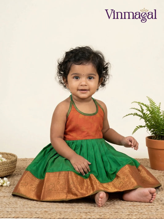 orange and green silk frock for girls designed for party wear