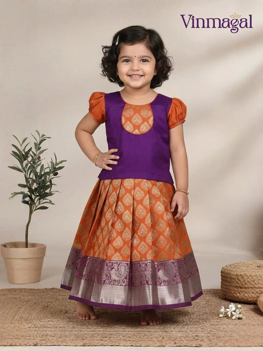 orange and violet art silk pavadai set for baby girls and kids