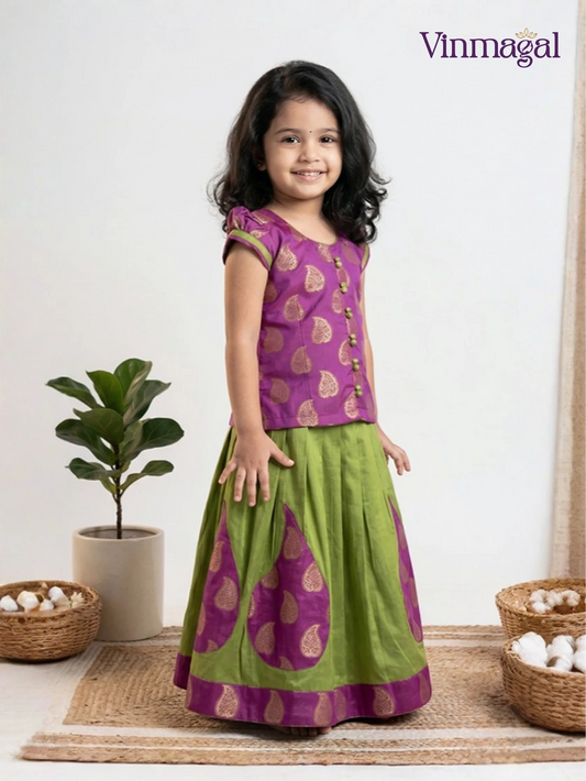 Parrot green silk cotton pavadai set for girls with magenta Banarasi blouse