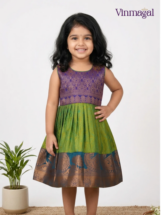 parrot green and blue silk frock for girls with party wear design