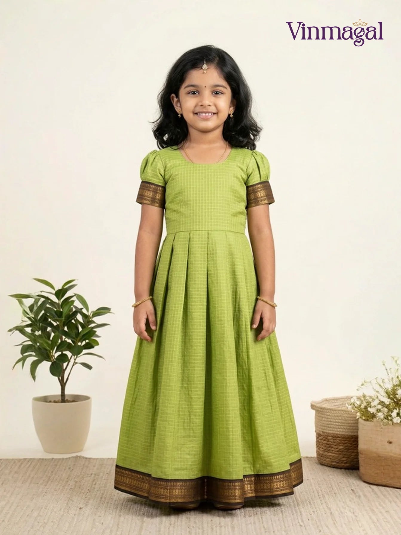 Parrot Green Checked Cotton Long Gown for Kids | Everyday Ethnic Wear for Girls | Vinmagal Parrot Green Checked Cotton Long Gown for Kids | Everyday Ethnic Wear for Girls | Vinmagal