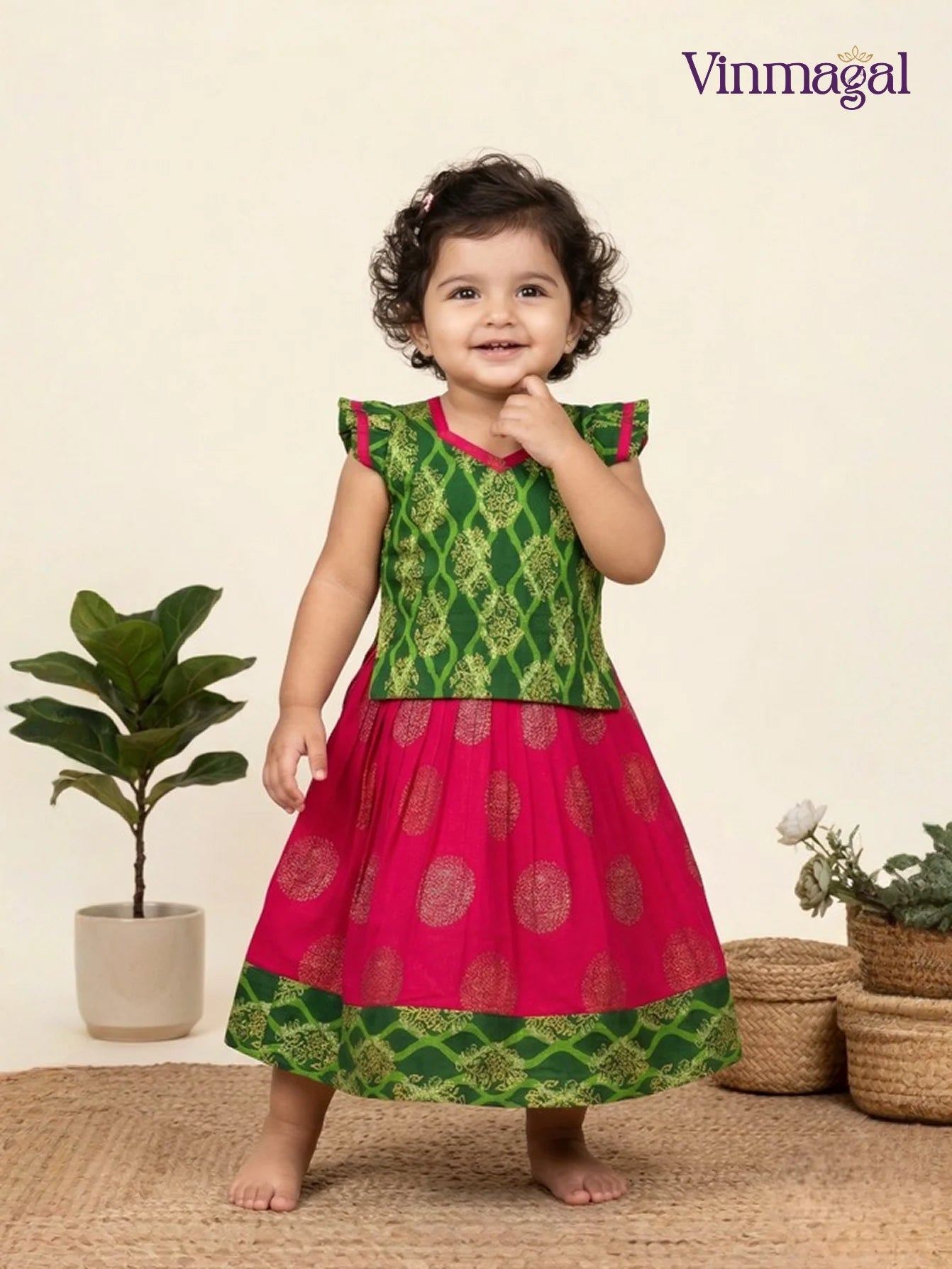 parrot green and pink cotton skirt and top pavadai set for kids
