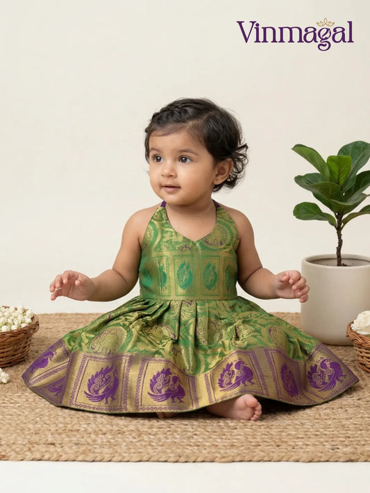parrot green and violet silk frock for kids designed for festive occasions