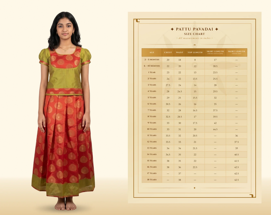 Woman wearing a red and green traditional outfit with a size chart on a beige background