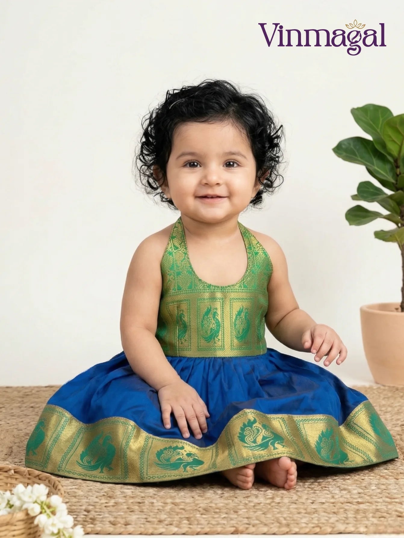 Peacock blue and green silk frock for girls festive party wear dress