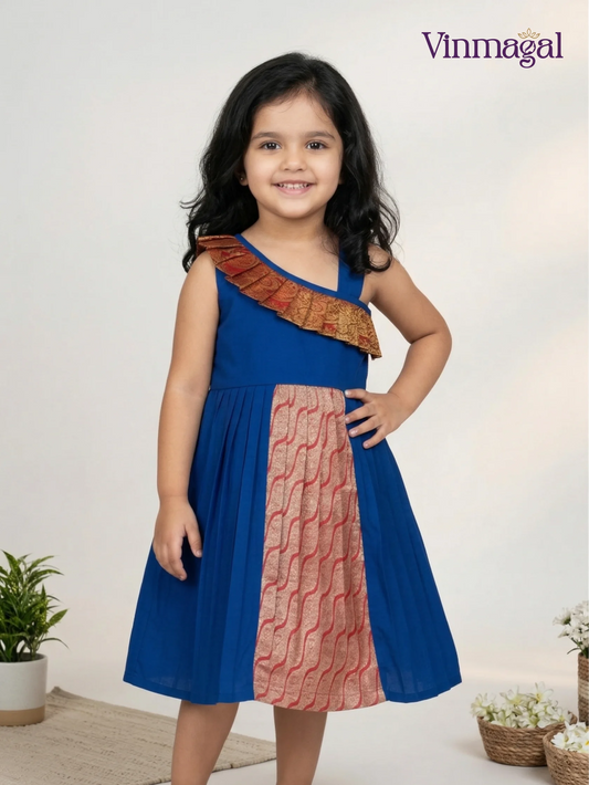 Peacock blue pure silk frock for girls premium kids birthday dress