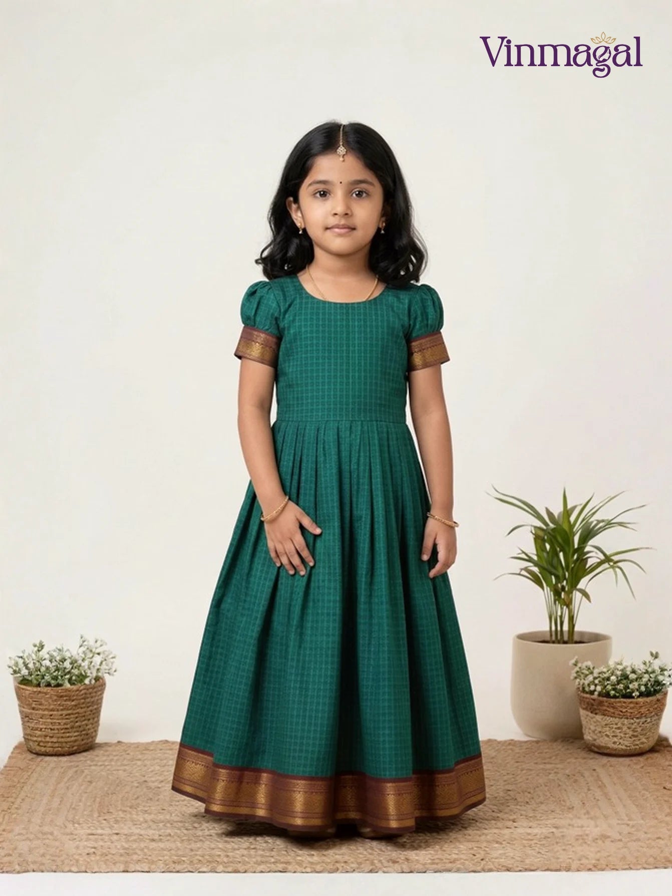 peacock blue checked cotton long gown for girls with lightweight breathable fabric