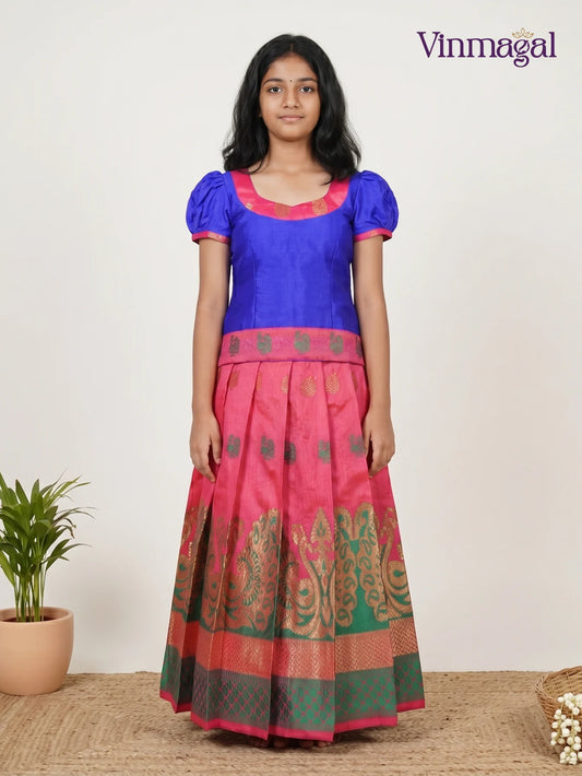 pink blue green pattu pavadai for girls traditional ethnic wear
